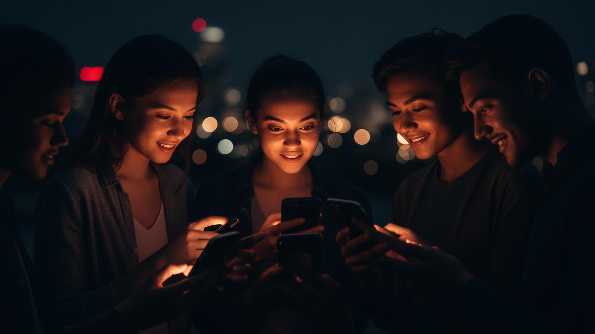 People connecting through their phones at night